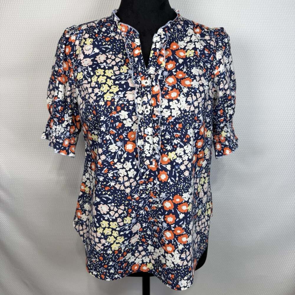Talbots Petites Ruffle Trim Top Size SP Navy Floral Print Smocked Half Sleeves